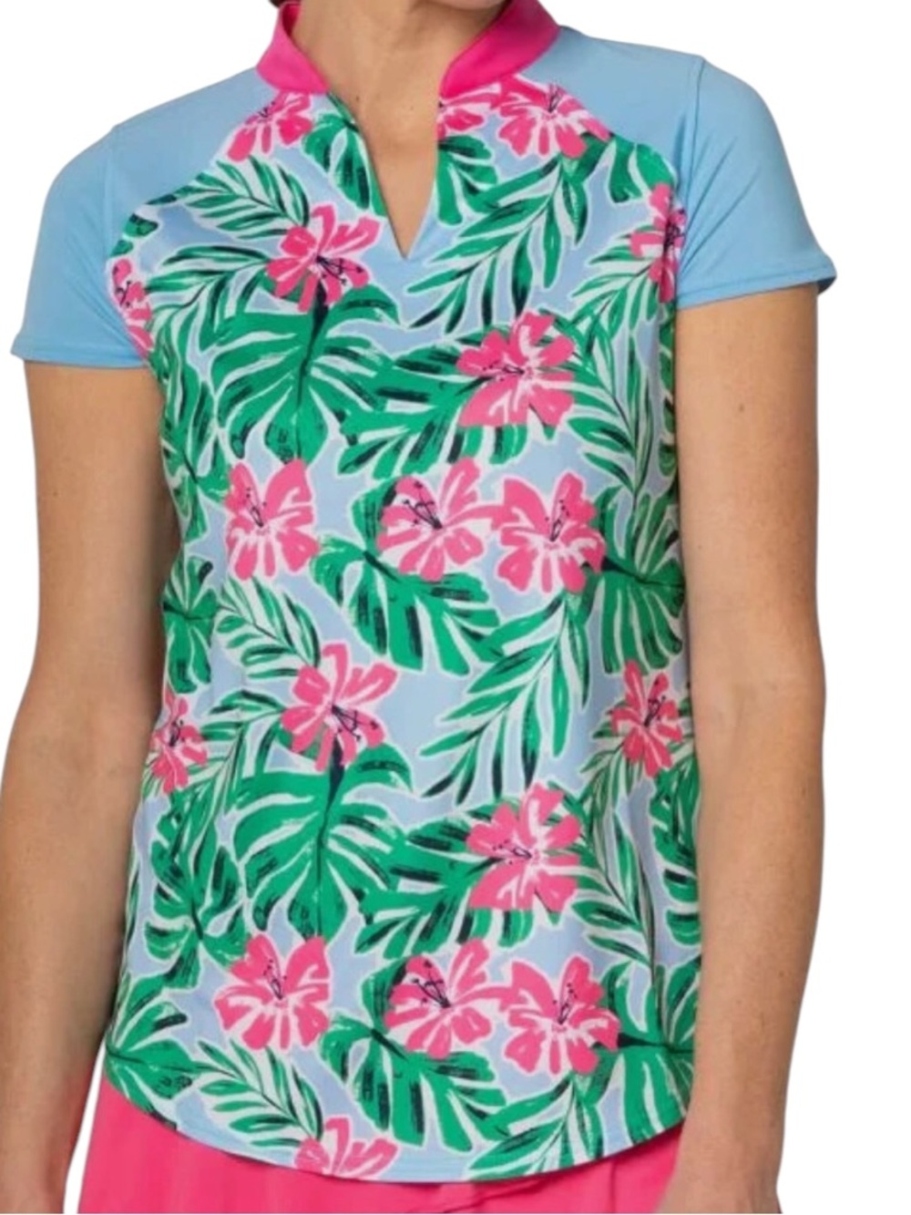 JoFit Womens Power Mock Cap Sleeve Hibiscus Tropical Tennis Golf Top UPF 50+